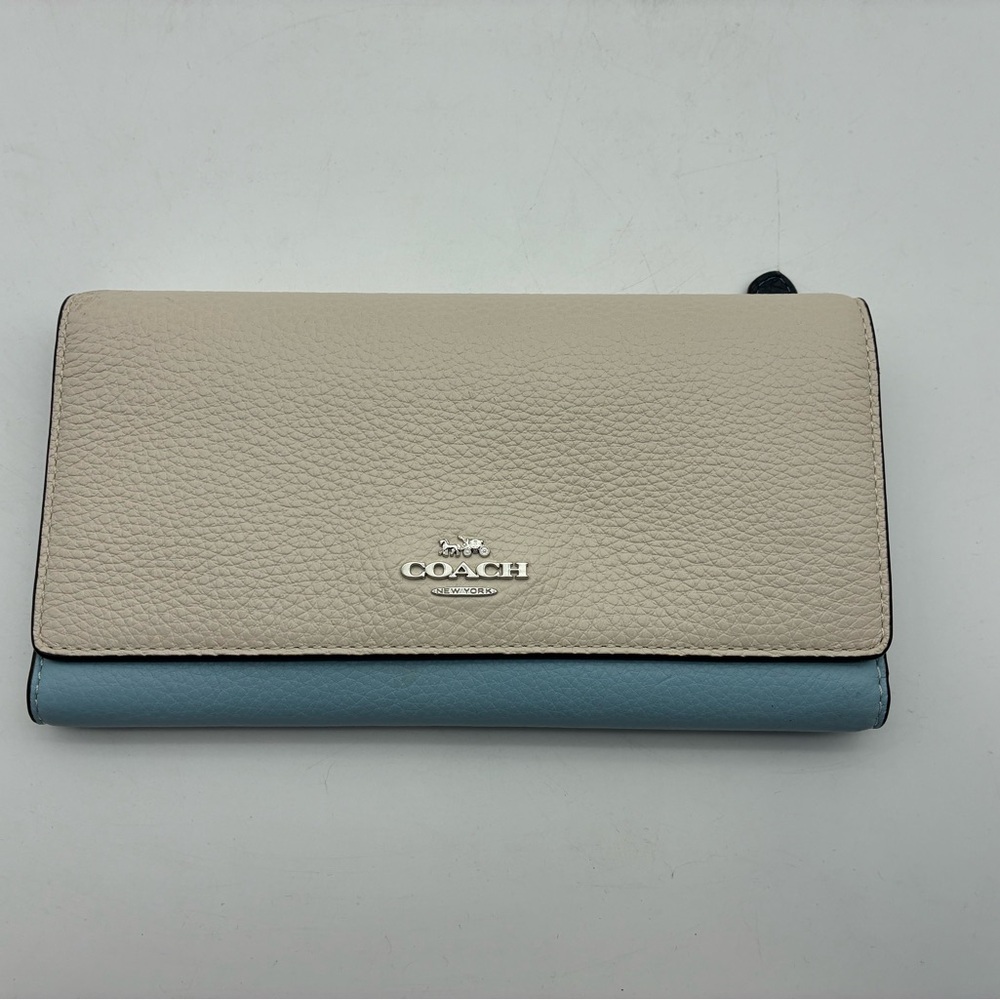 Coach Colorblock Pebbled Leather Continental Wallet in Cream and Light Blue